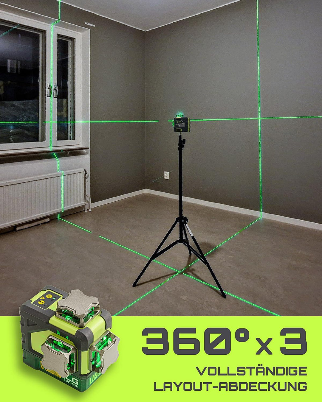 LasGoo LG-3DMAX 3x360° grüner Laser-Wasserwaage, 3D selbstnivellierend, 2 wiederaufladbare Batterien