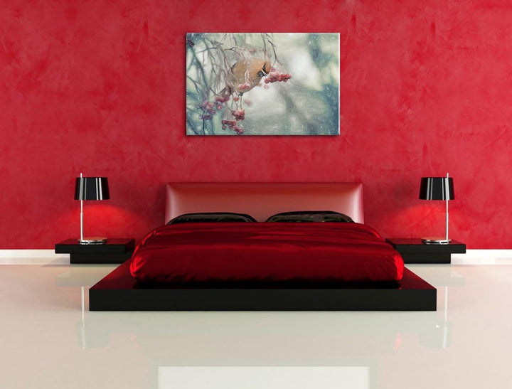 Pixxprint Kleiner Vogel im Vogelbeerbaum Bunstift Effekt, Format: 100x70 auf Leinwand, XXL riesige B