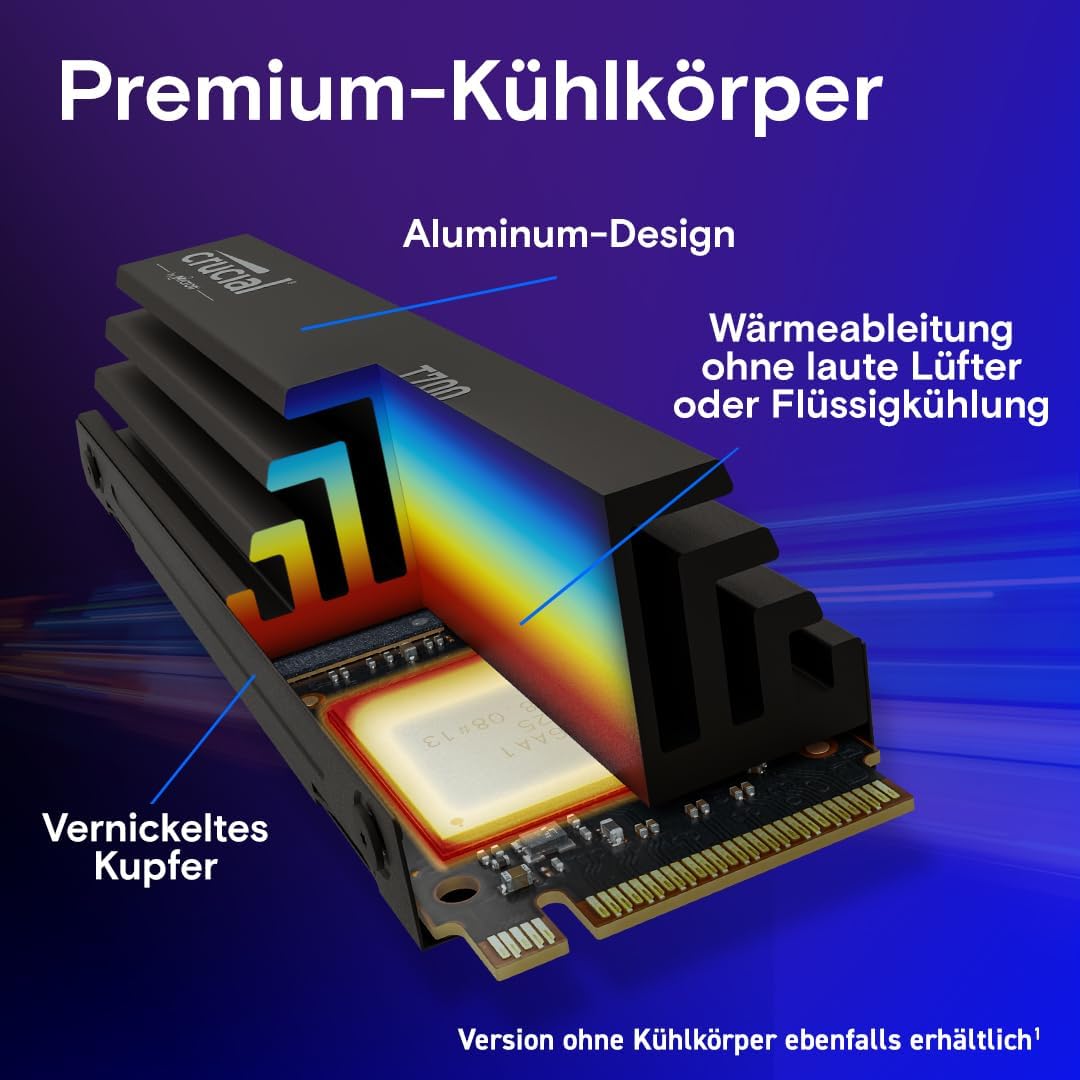 Crucial T700 1TB Gen5 NVMe M.2 SSD mit Kühlkörper - Bis zu 11.700 MB/s - DirectStorage-fähig - Gamin