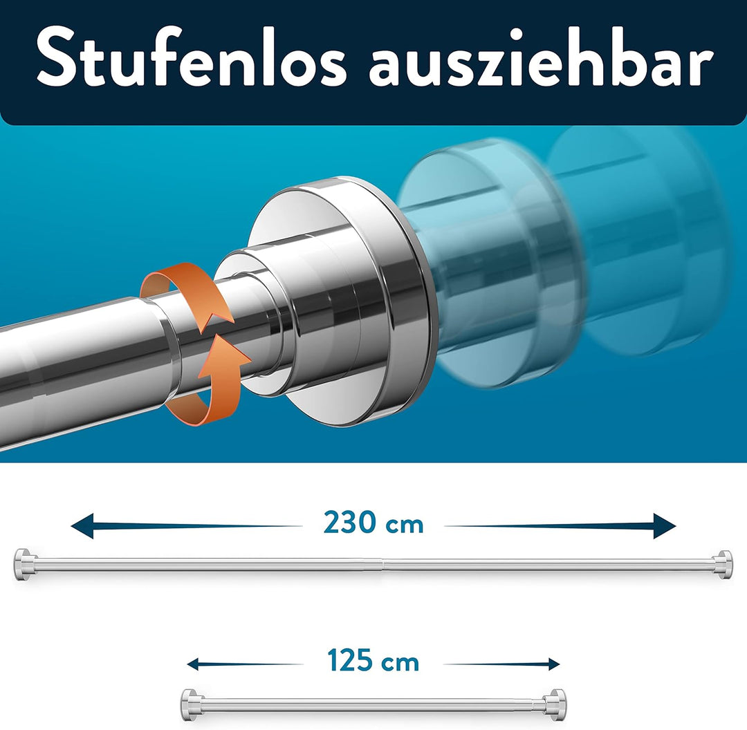 Benkstein® ausziehbare Duschstange ohne Bohren 125-220 cm - Edelstahl Duschvorhangstange 12 Ringe -