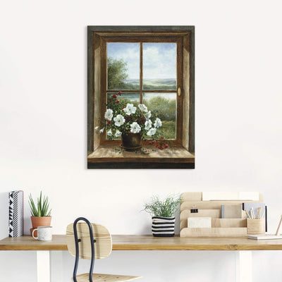 Artland Leinwandbild Wandbild Bild auf Leinwand 90x120 cm Wanddeko Fensterblick Blumen Fenster Lands