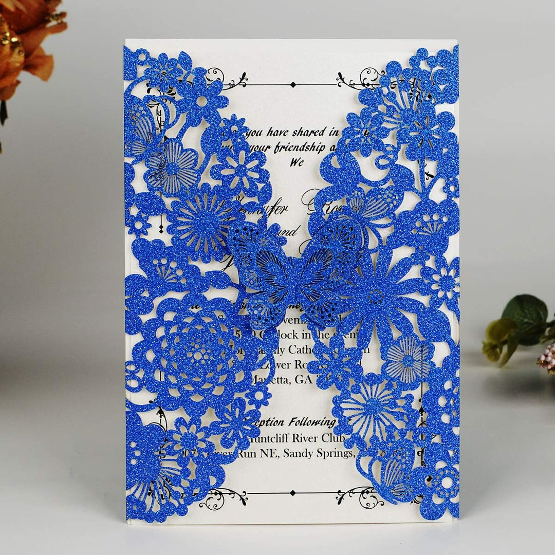 Hosmsua 20x Blau Glitzer Laserschnitt Spitze Flora Hochzeit Einladungskarten mit Schmetterling und U