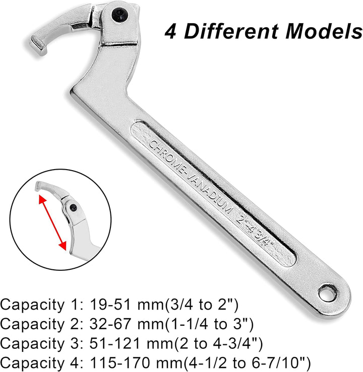 Poweka C Verstellbar Hakenschlüssel 4 Stück Schraubenschlüssel Enthält 3/4-2", 1 1/4-3", 2-4 3/4", 4