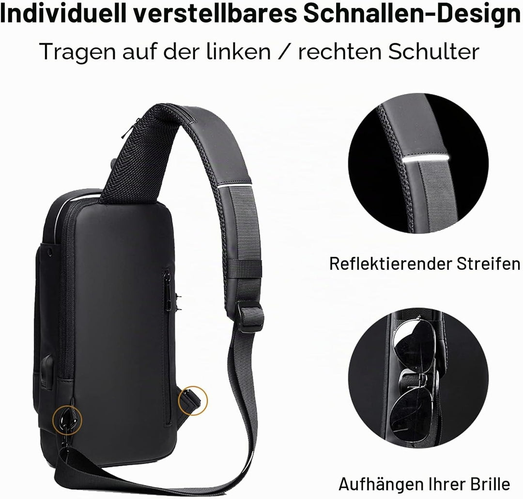 FANDARE Brusttasche Sling Bag Geschäft Schultertasche mit USB-Ladeanschluss Passwortschutz Crossbody