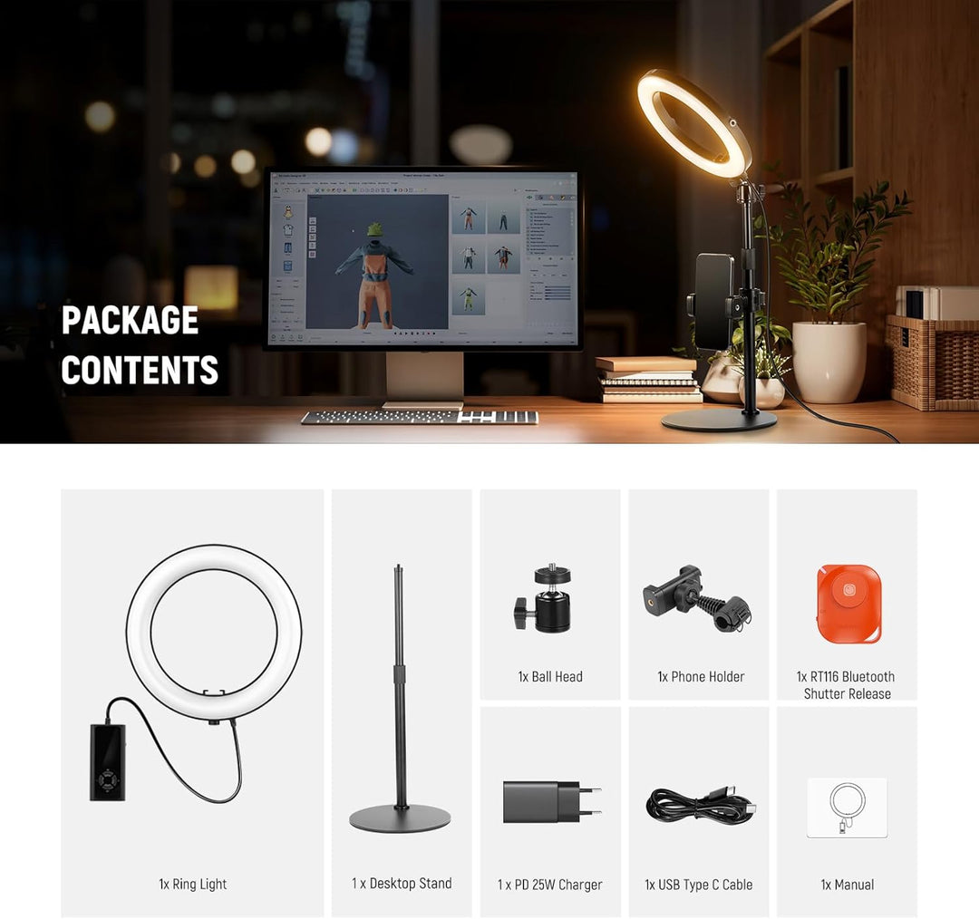 NEEWER 8" Tisch Ringlicht 18W Stark Leistung mit Ständer & Handyhalter, Circle Selfie Ring Licht kom