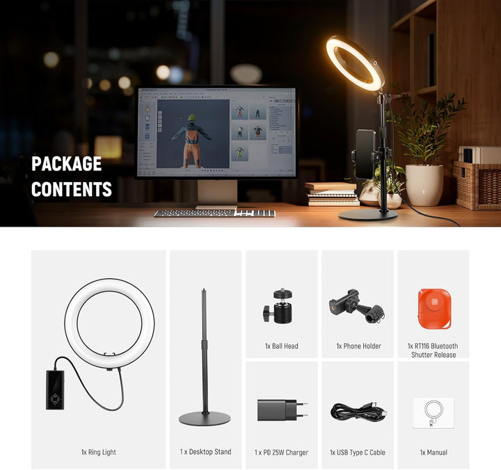 NEEWER 8" Tisch Ringlicht 18W Stark Leistung mit Ständer & Handyhalter, Circle Selfie Ring Licht kom