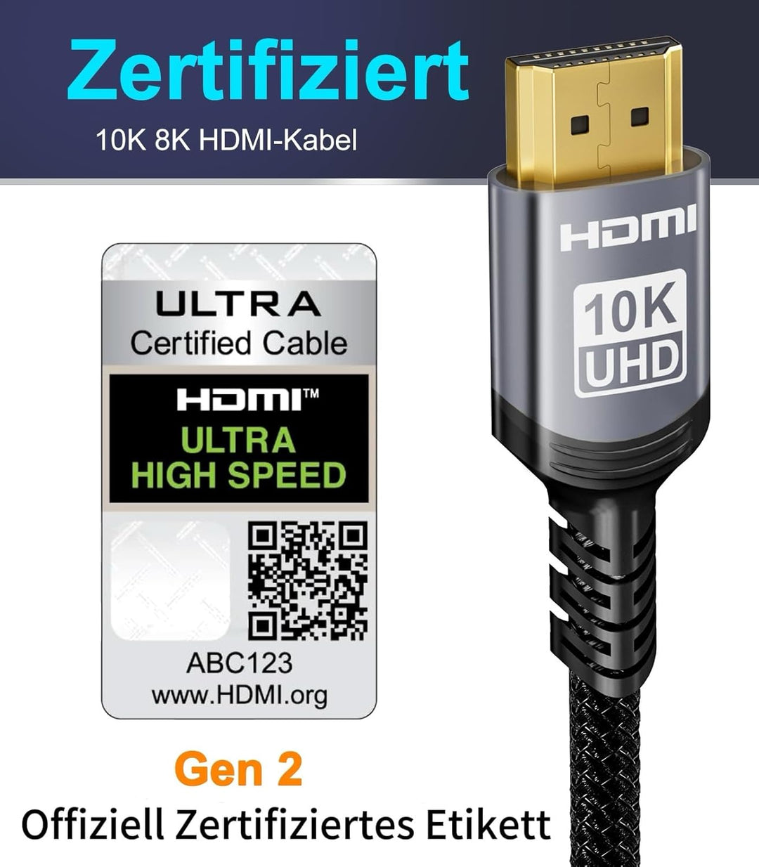Sniokco 10K 8K 4K HDMI 2.1 Kabel 2.5Meter Zertifiziert 48Gbps High Speed | Unterstützung 0.01ms 4K 2