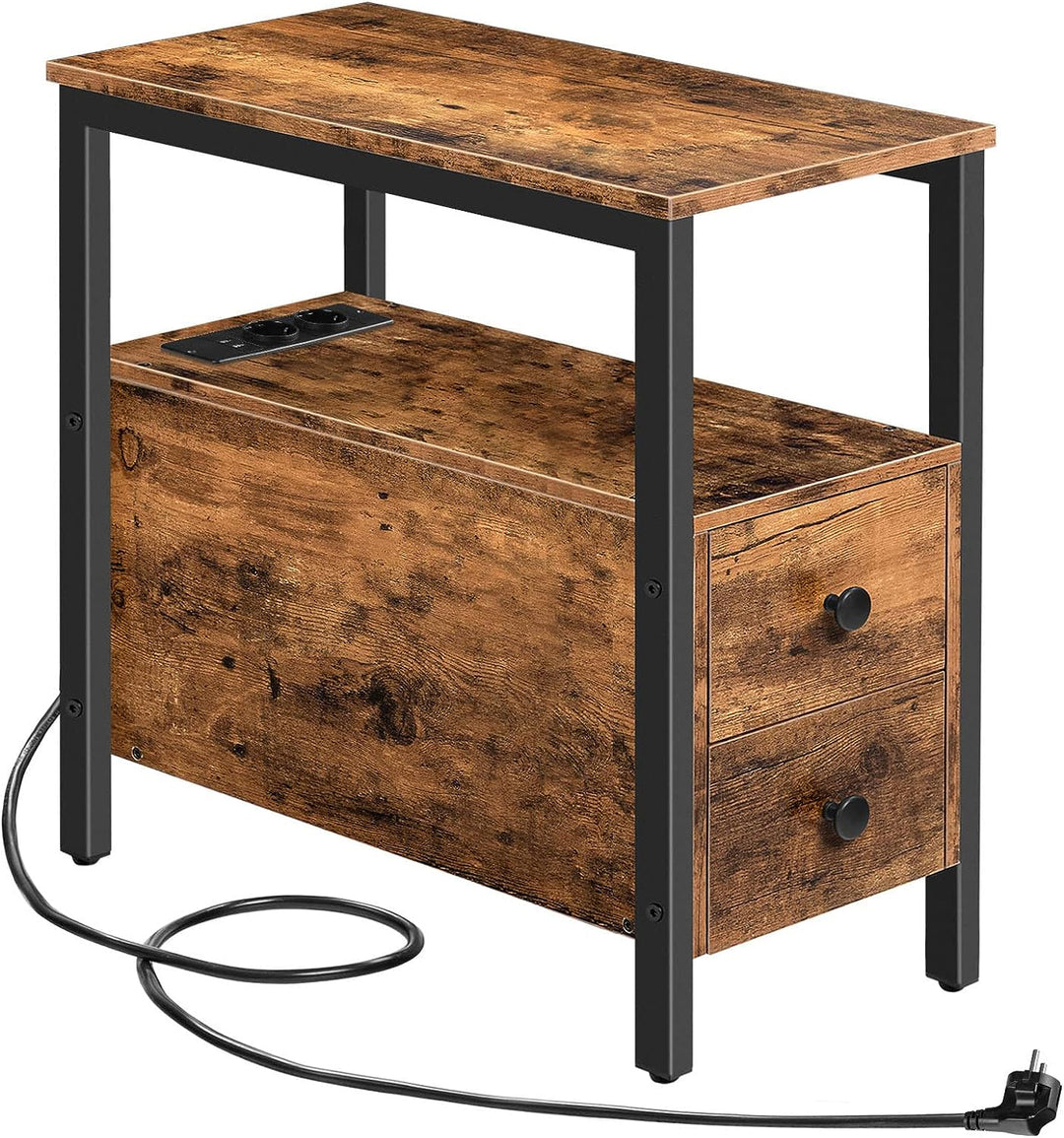 HOOBRO Beistelltisch mit Ladestation, Sofatisch mit 2 Schubladen und USB-Anschluss und Steckdose, Na