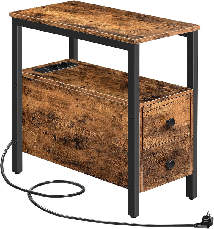HOOBRO Beistelltisch mit Ladestation, Sofatisch mit 2 Schubladen und USB-Anschluss und Steckdose, Na