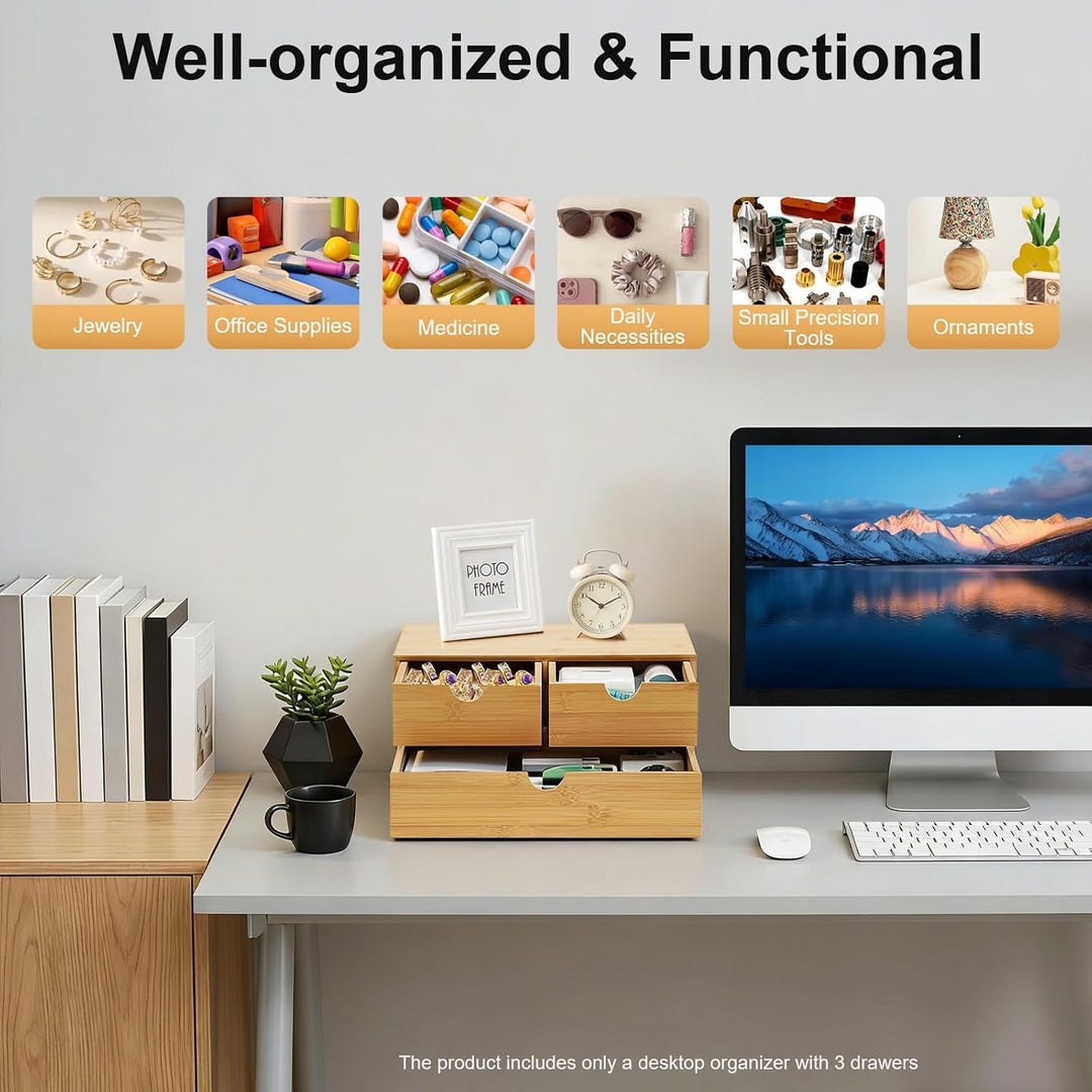 Bambus Schreibtisch Organizer mit 3 Schubladen, Bambus Schubladenbox Desktop Organizer für Büro, Hau