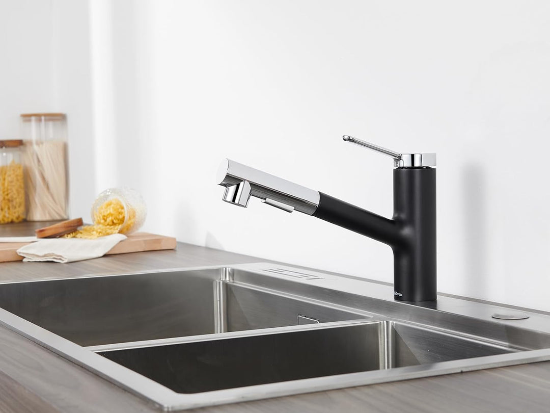 Kelleria Wasserhahn Küche Schwarz, Küchenarmatur mit Brause Ausziehbar 120° Drehbare, Spültischarmat