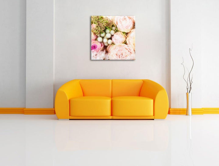 Rosa Rosen Pinsel Effekt, Format: 70x70 auf Leinwand, XXL riesige Bilder fertig gerahmt mit Keilrahm