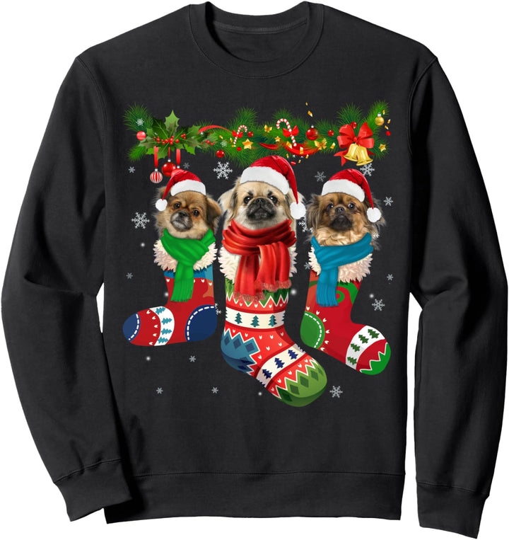 Drei tibetische Spaniels in Weihnachtssocken Sweatshirt