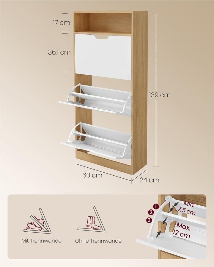 VASAGLE Custos Kollektion - Schuhschrank, Schuhkipper, Schuhaufbewahrung, offenes Fach, Trennwand ve