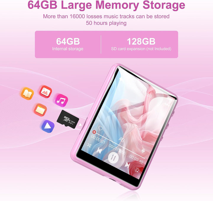 SWOFY 64GB MP3 Player Bluetooth 5.3 HiFi Music Player, 2.4-Zoll Touchscreen MP3 Player mit Lautsprec