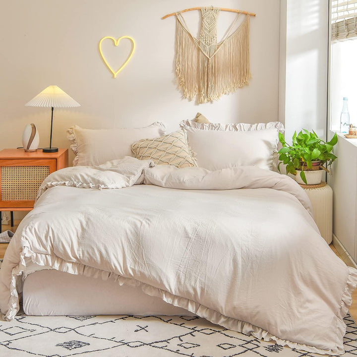 Freyamy Bettwäsche 155x220cm 2teilig Beige Rüschen Romantisch Mädchen Bettwäsche Uni Plisseefalten C