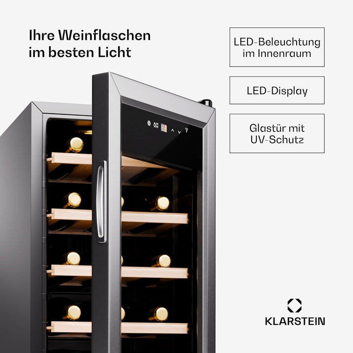 Klarstein Weinkühlschrank,1 Zone Getränkekühlschrank, Leiser Indoor/Outdoor Kühlschrank, 50 Liter Fl