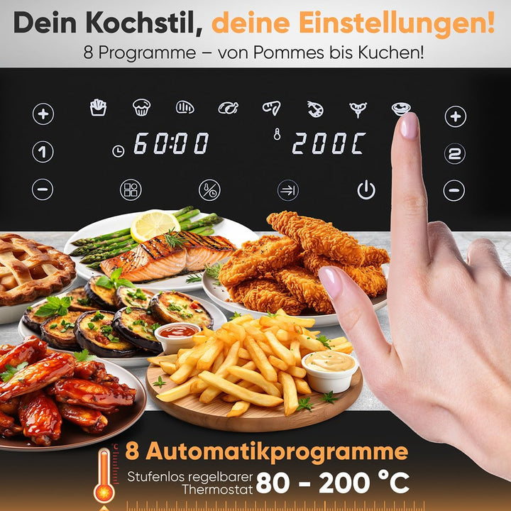 ProfiCook® Heissluftfritteuse mit Zeitgleich-fertig-System | 9 Liter | Heissluftfritteuse 2 Kammern