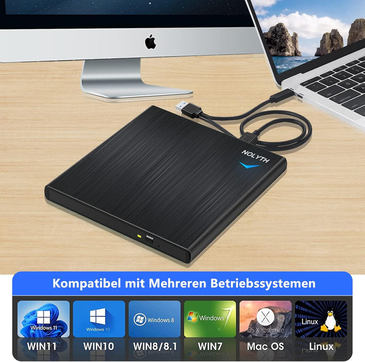 NOLYTH Externes CD Laufwerk für Laptop: DVD Laufwerk Extern mit 1 Audio 2 USB Slots - Tragbar Brenne