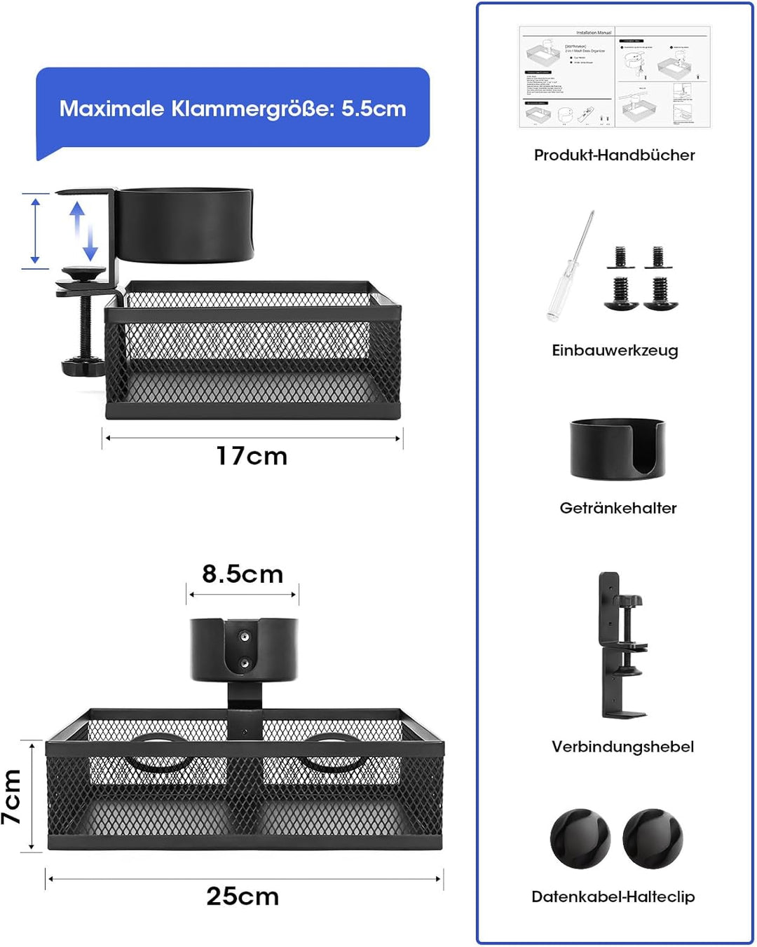 AceList Schublade unter Schreibtisch, 360° Drehbar Verdeckte 2 in 1 Schreibtisch Schubladen Organize