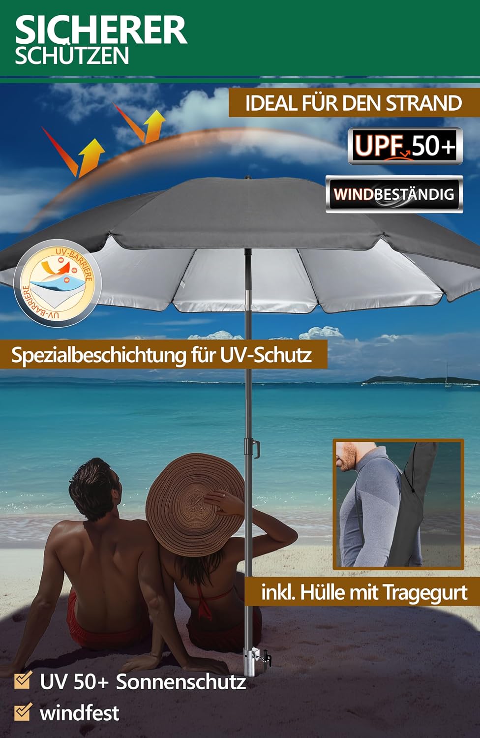 4smile Sonnenschirm Strand 3-in-1 Set, Ø 180 cm, Anthrazit, Strandschirm Windfest Stabil, UV50 Sonne