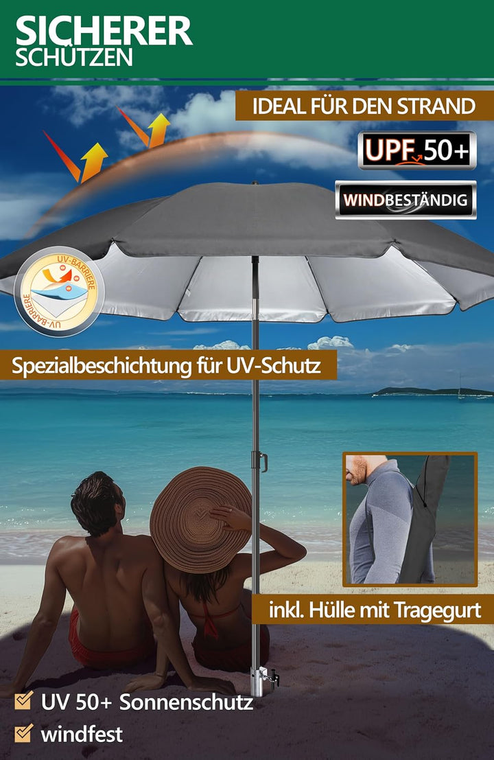 4smile Sonnenschirm Strand 3-in-1 Set, Ø 180 cm, Anthrazit, Strandschirm Windfest Stabil, UV50 Sonne