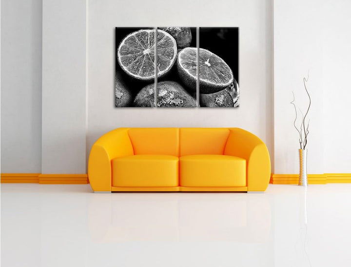 Pixxprint Monocrome, aufgeschnittene Limetten 3-Teiler Leinwandbild 120x80 Bild auf Leinwand