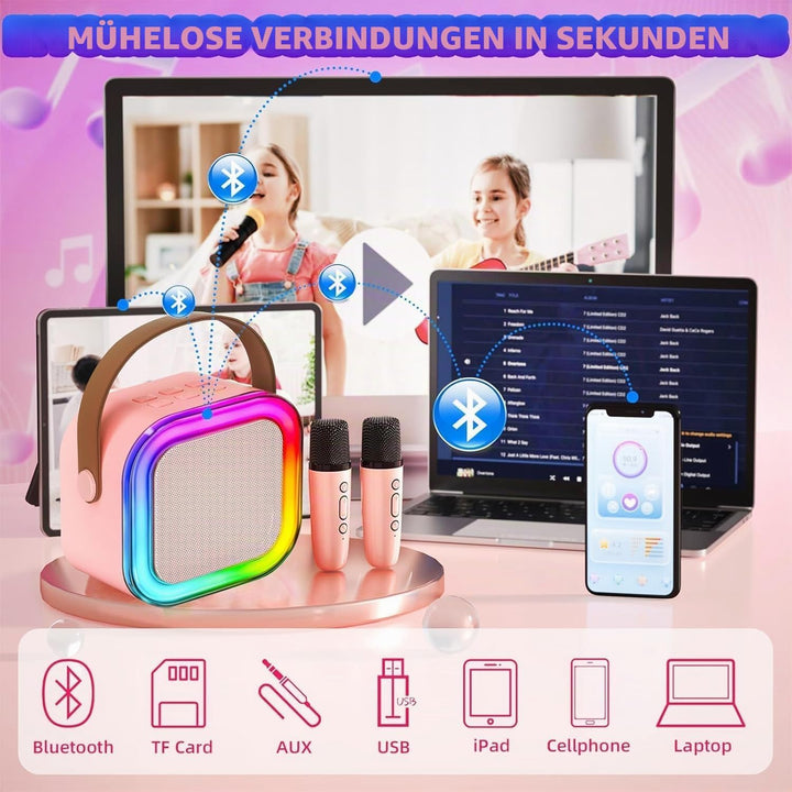 Karaoke Maschine für Kinder mit 2 Bluetooth Mikrofonen,Tragbare Kinder Karaoke-Lautsprecher,Mini Blu