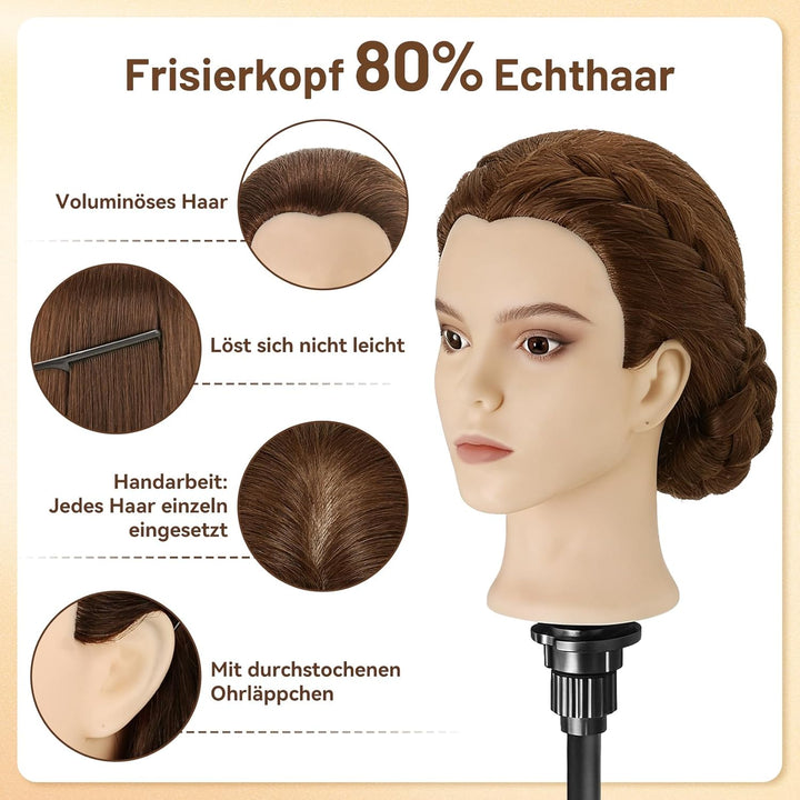 TwoWin Frisierkopf Echthaar mit Ohrlöchern, 60 cm (24 Zoll) Friseurkopf Übungskopf 80% echthaar, Tra