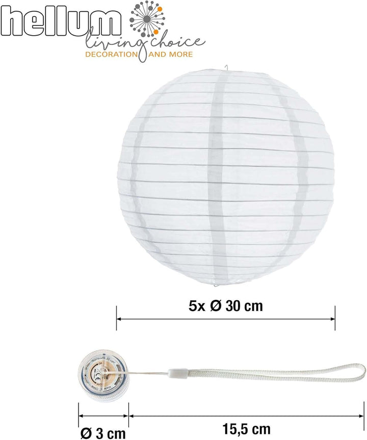 hellum LED Lampions aussen wetterfest, 5x LED für Lampions mit Fernbedienung, 5x 30cm weiss, Batteri