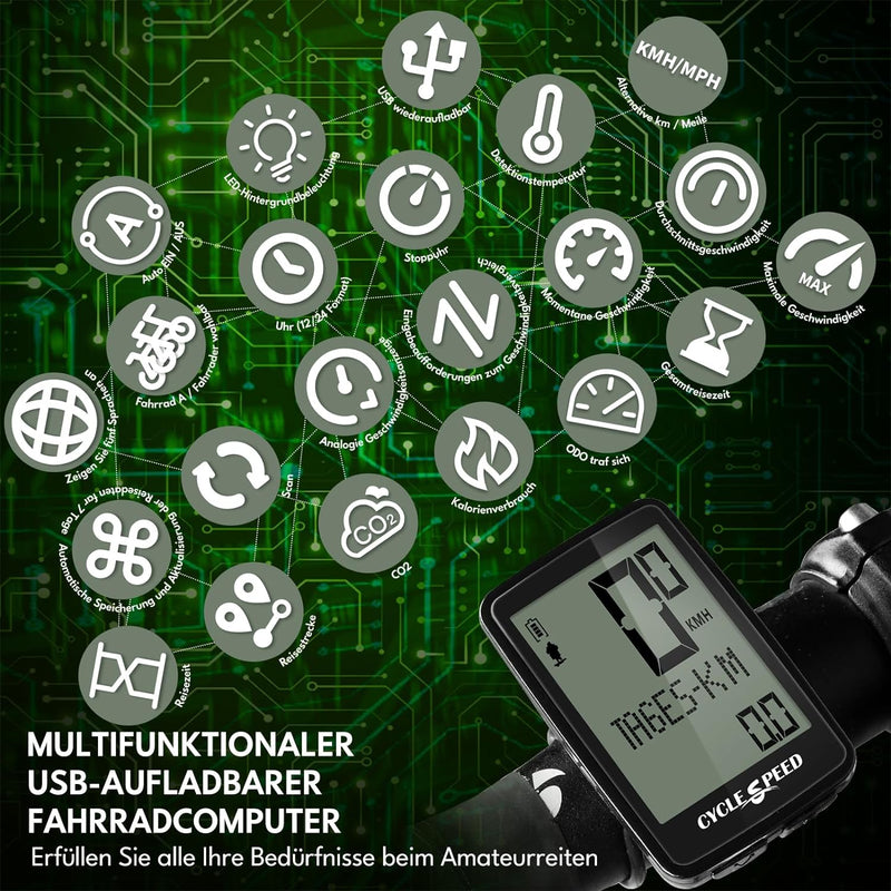 Fahrradcomputer USB Aufladbar, Fahrrad Kilometerzähler Tachometer Kabellos IPX7 Wasserdicht, Fahrrad