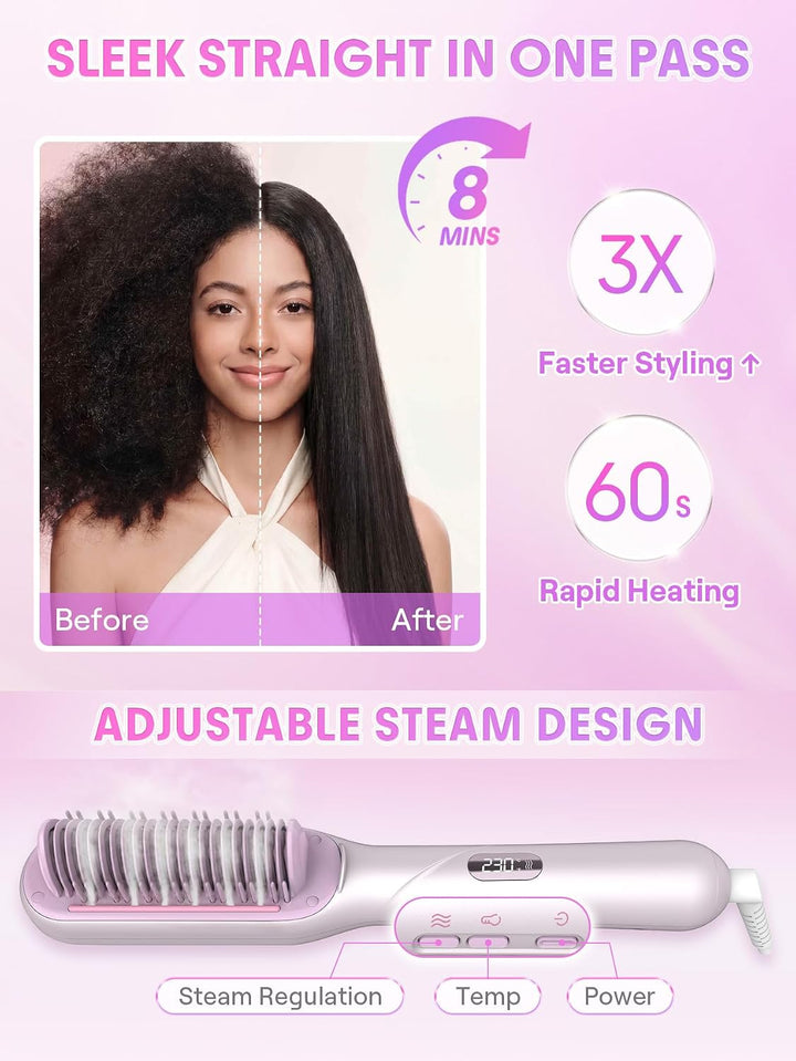 SHEGLAM Dampf-Glättbürste, 3-in-1 Dampf-Heizkamm | Verbrühungssicherer Nano-Dampf, 3 Einstellbare Da