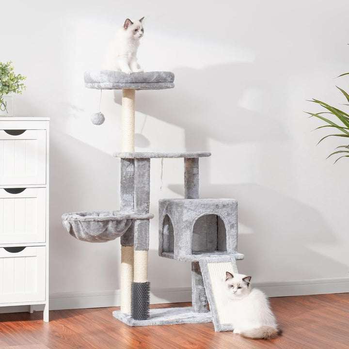 Heybly Kratzbaum mit Katzenbürste, Katzenbaum für Hauskatzen mit Gepolsterter Sitzstange aus Plüsch,