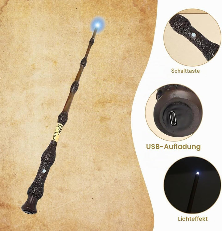 38CM Dumbledore Zauberstab mit Licht, Elderstab Harry P-Otter, USB Aufladung Zauberstab Dumbledore,