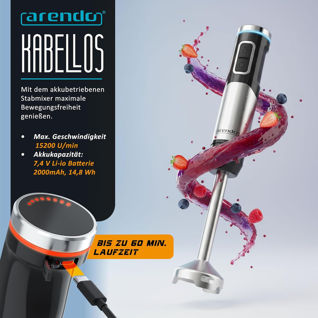 Arendo - Stabmixer kabellos - 200 Watt – mit Akku - Edelstahl Handmixer – Pürierstab – Schneebesen –