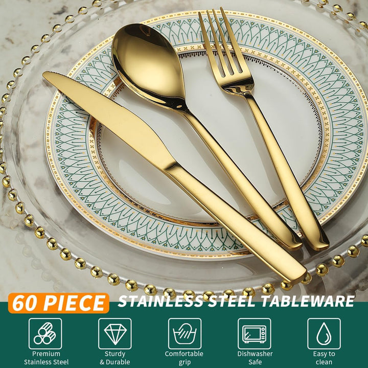 Berglander Gold Hochzeit Besteck Set 60pcs Service für 20, Titan beschichtet Edelstahl Besteck Set,