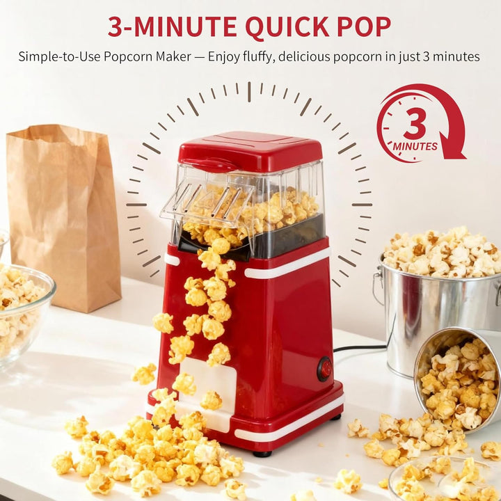 Cozary Popcornmaschine, 1200W Popcorn Maker mit Heissluft für fettfreies Popcorn, mit Messbecher, Re