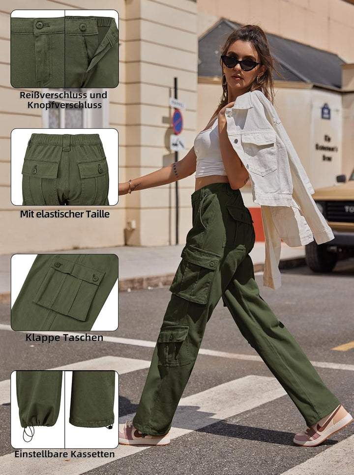 Cargohose Damen Baggy Y2K Multi Taschen High Waist Stretch Wanderhose Sport Jogginghose mit Elastisc