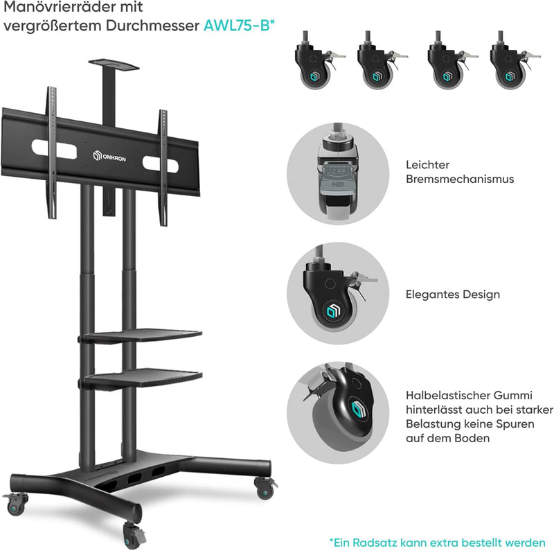 ONKRON Mobiler TV Ständer höhenverstellbar für 50” - 86” TVs bis zu 105 kg - Fernsehständer mit Roll