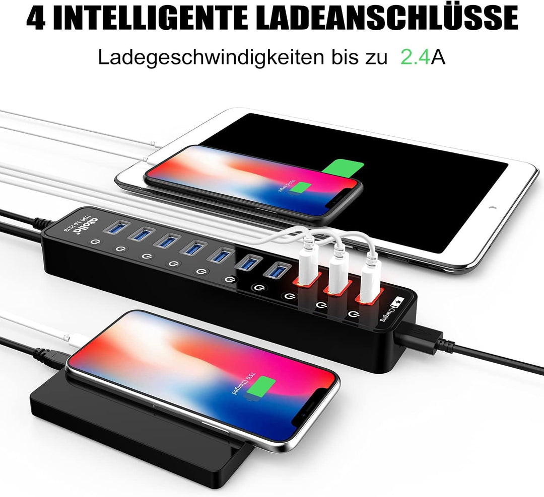 Atolla USB Hub Aktiv 3.0 mit 48W (12V/4A) Netzteil, 11-Port USB 3.0 Extension verteiler (7 Datenport