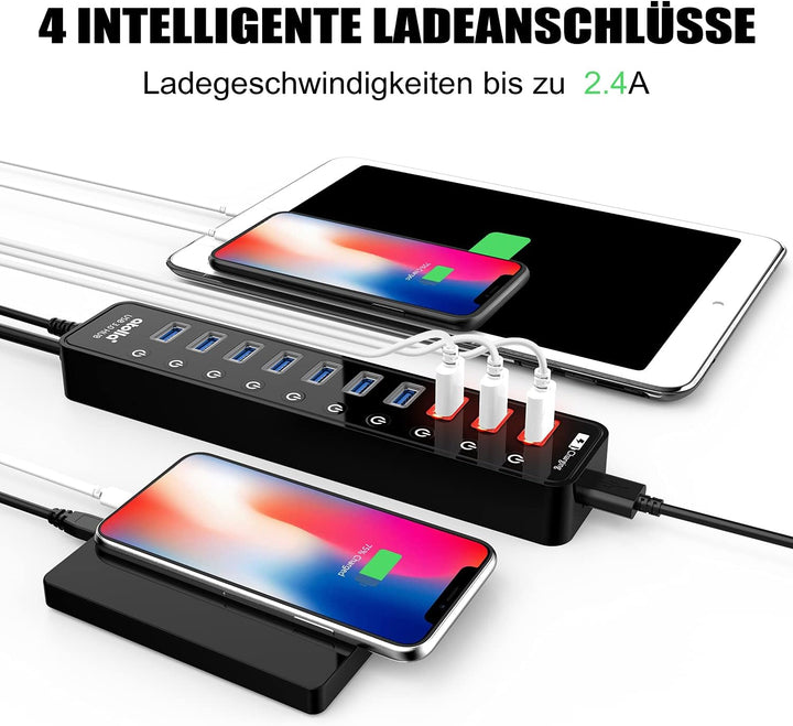 Atolla USB Hub Aktiv 3.0 mit 48W (12V/4A) Netzteil, 11-Port USB 3.0 Extension verteiler (7 Datenport