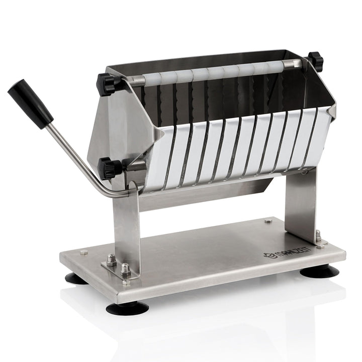 Mahlzeit Edelstahl Currywurstschneider für 18 mm Scheiben | 10 extra scharfe Messer mit Wellenschlif