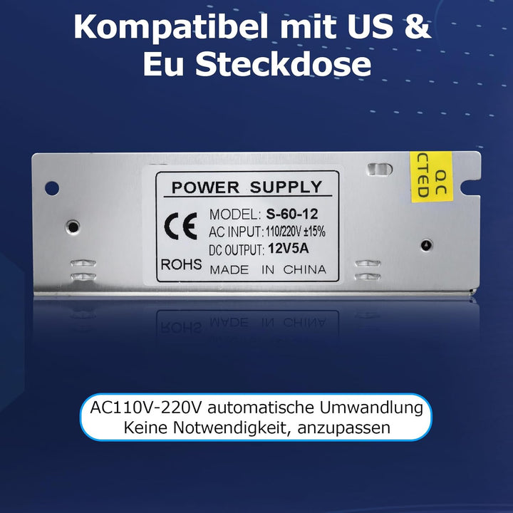 LightingWill Schaltnetzteil 12V 5A 60W Netzteil, LED Trafo Schaltwandler AC 230V auf DC 12 Volt, Ada