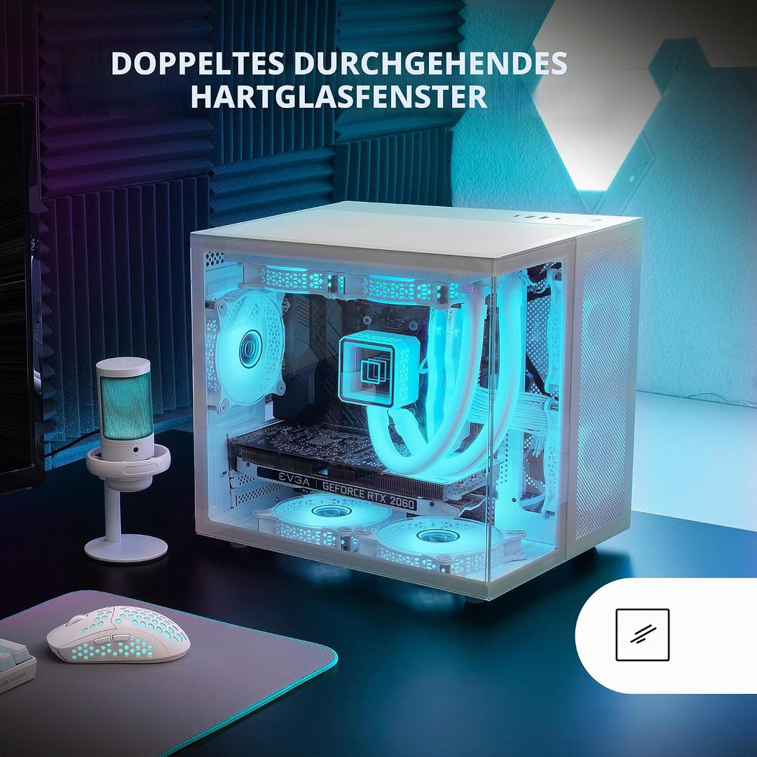 Mars Gaming MC-NOVAM Weiss, Custom MicroATX Compact Gehäuse, Dual Window Durchgehend Gehärtetes Glas