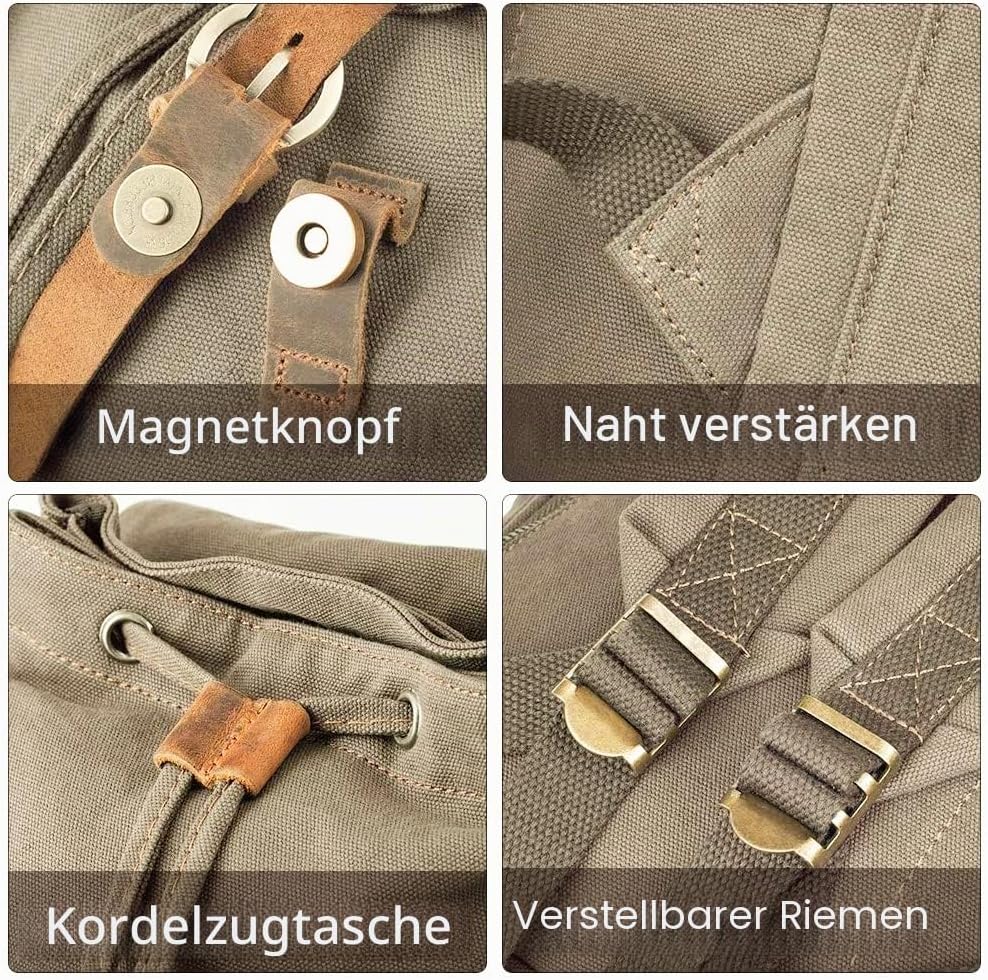 Retro Segeltuch Rucksack, Canvas Vintage Rucksack Laptop Daypack Schulrucksack Reisetasche Lederruck