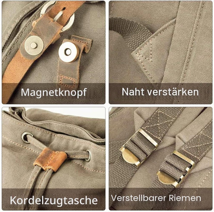 Retro Segeltuch Rucksack, Canvas Vintage Rucksack Laptop Daypack Schulrucksack Reisetasche Lederruck