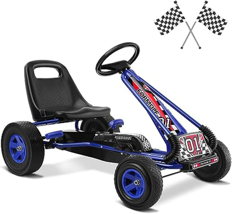 GOPLUS Gokart ab 3-8 Jahre, Kinderfahrzeug mit Verstellbarem Sitz, Tretauto aus Gummireifen, Flexibl