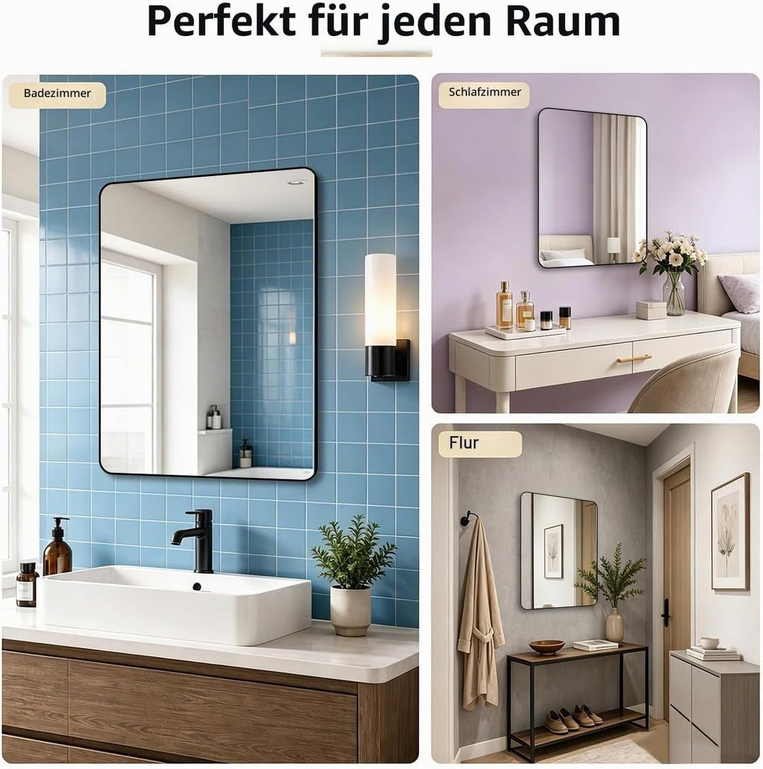 Schwarzer Rahmenspiegel 50 x 70 cm, rechteckiger Badezimmer-Wandspiegel, hängend horizontal/vertikal