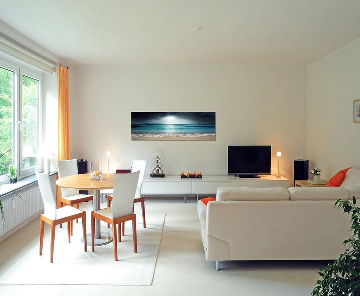 Paul Sinus Art Panoramabild auf Leinwand und Keilrahmen 150x50cm Seychellen Strand Meer Nachtanbruch