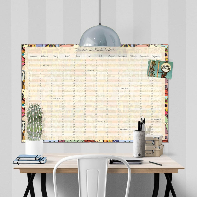 banjado® Wandkalender abwischbar aus Glas 60x40 cm/Jahresplaner abwischbar mit Motiv Verrückte Welt/